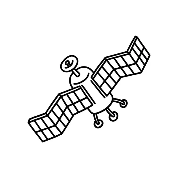 Τεχνητός δορυφόρος σε χαριτωμένο γραμμικό στυλ doodle, διανυσματική απεικόνιση απομονώνονται σε λευκό φόντο. — Διανυσματικό Αρχείο