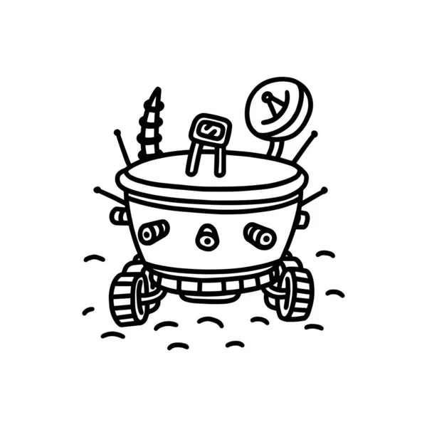 Space rover doodle ink outline drawing, front view. Exploring planet robot rover children illustration. Rover icon. — Stock Vector