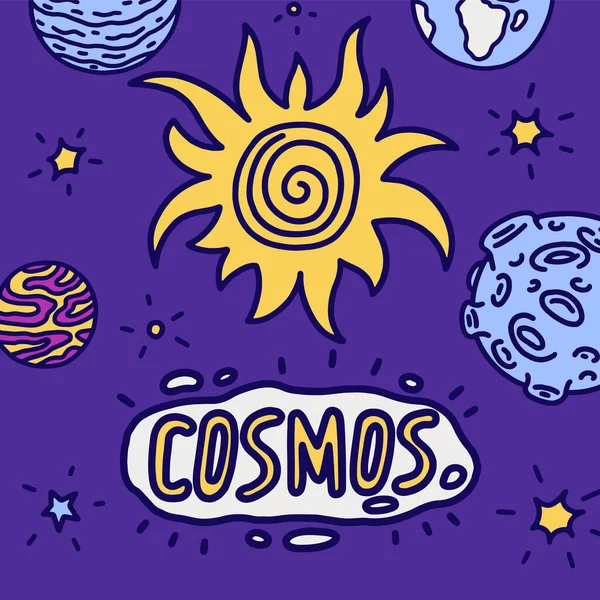 Afiche del espacio exterior dibujado a mano o publicación en redes sociales con planetas y estrellas, ilustración de vectores de dibujos animados. — Vector de stock