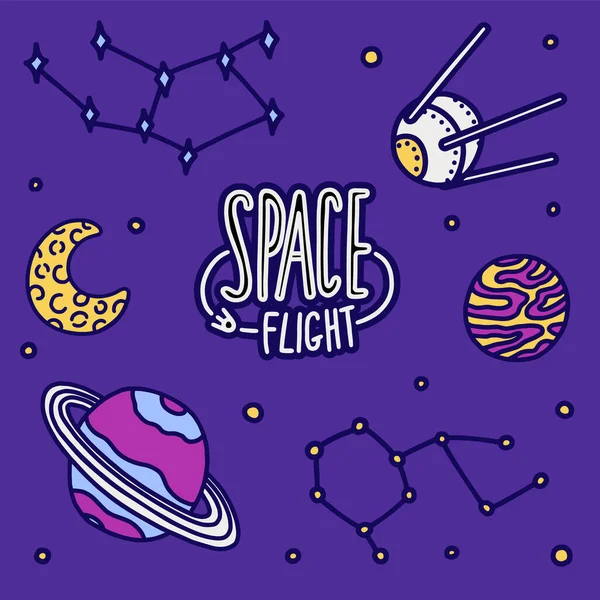 Vuelo espacial doodle vector conjunto. Elementos del espacio exterior: satélite, planeta Saturno, Júpiter, Luna y constelación estelar. — Vector de stock