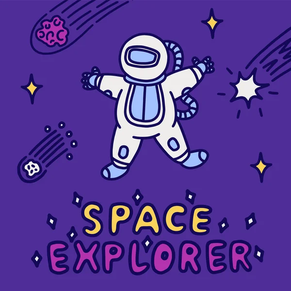 Cartel lindo hombre del espacio con estrellas y cometas, ilustración de vectores planos de dibujos animados. — Vector de stock