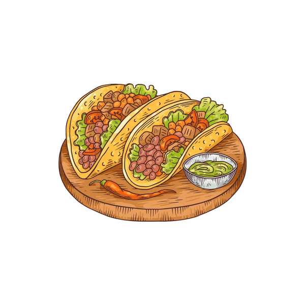 Mexican burrito meat rolls in corn wraps, sketch vector illustration isolated. — Stock vektor