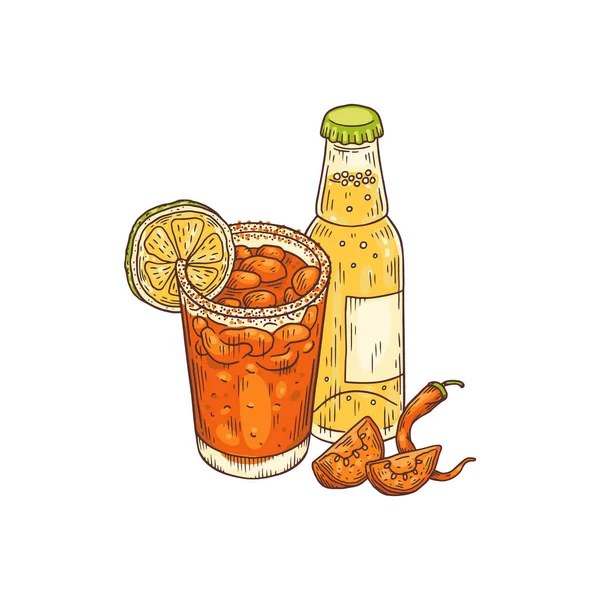 Mexican Bloody Mary drink or michelada, Skizze Vektorillustration isoliert. — Stockvektor