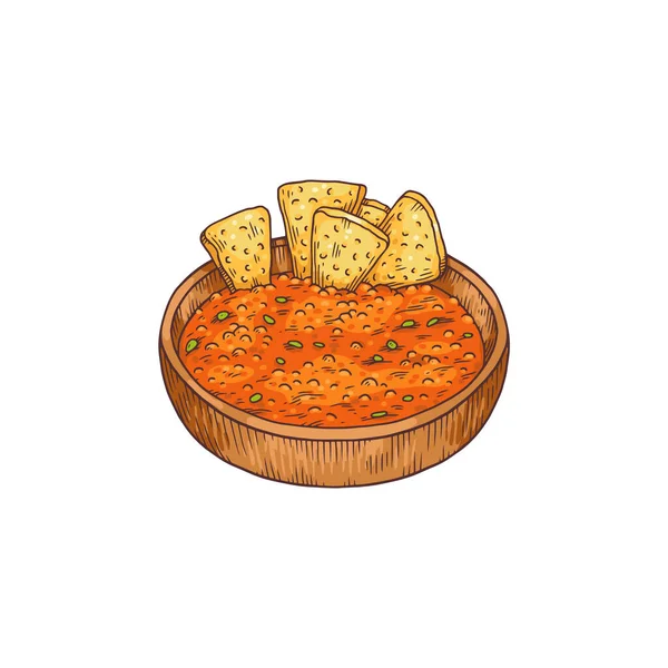 Mexicaanse traditionele nachos maïs chips met rode salsa dip, schets vector illustratie geïsoleerd op witte achtergrond. — Stockvector