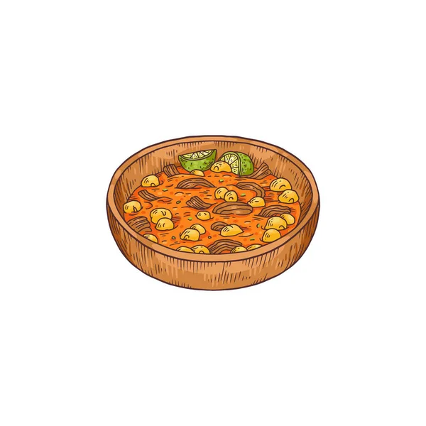 Chili con carne tradiční mexické jídlo, barevný skica vektor ilustrace izolované na bílém pozadí. — Stockový vektor