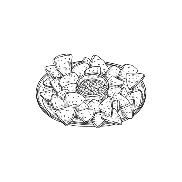 Placa de nachos com molho de salsa ou guacamole, desenho à mão ilustração vetorial isolada sobre fundo branco. — Vetor de Stock