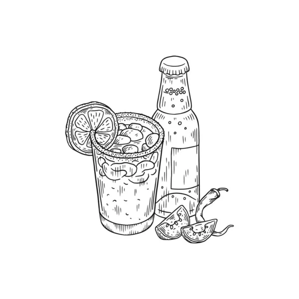 Mexikanisches Michelada-Getränk auf Basis von Bier, Skizzenvektorillustration isoliert. — Stockvektor