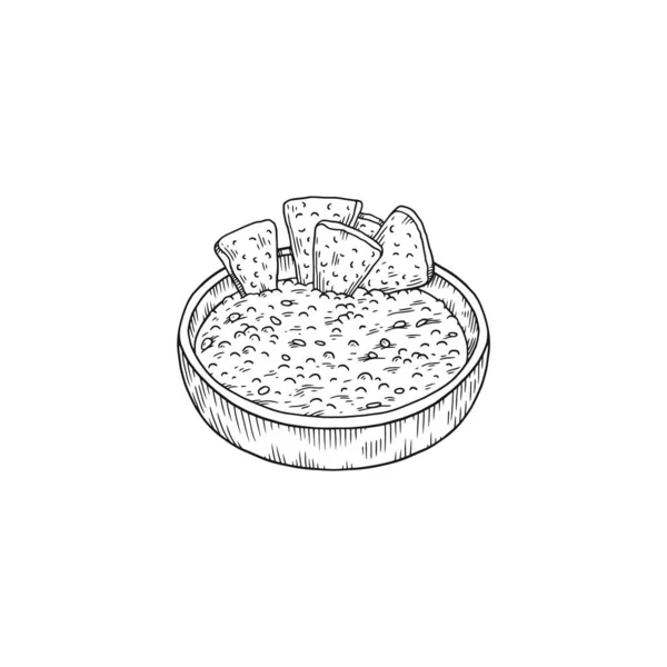 Salsa με nachos τσιπ μεξικάνικο πιάτο, σκίτσο διανυσματική απεικόνιση απομονωμένη. — Διανυσματικό Αρχείο