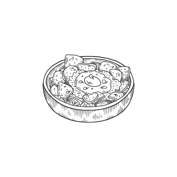 Skål med traditionella mexikanska skålen chilaquiles, kontur skiss vektor illustration isolerad på vit bakgrund. — Stock vektor