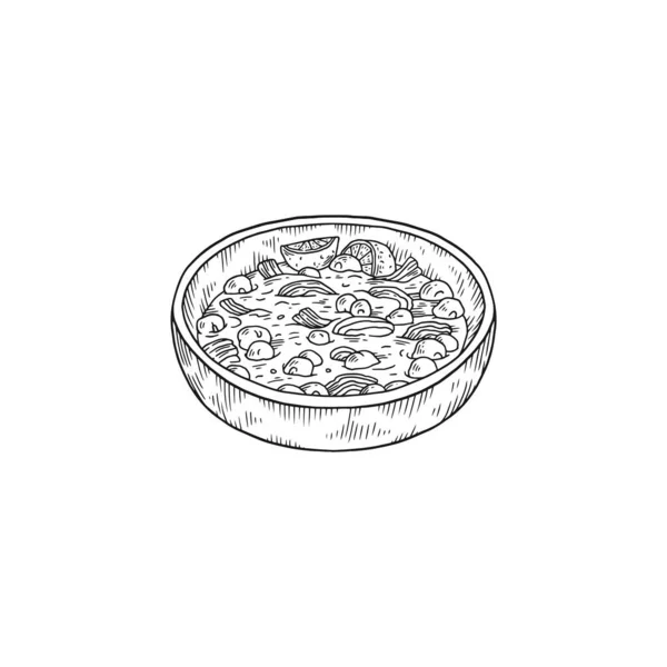 Pozole tigela de sopa, cozinha mexicana tradicional - ilustração vetor esboço isolado no fundo branco. — Vetor de Stock