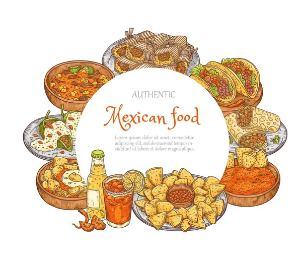 Mexican cuisine banner with traditional food sketch vector illustration isolated. — стоковий вектор