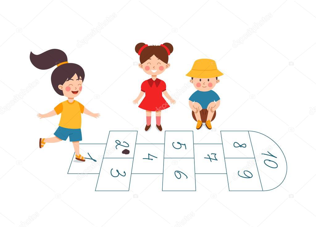 Kids jumping playing hopscotch together, flat vector illustration isolated.