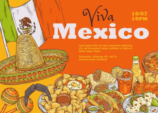 Banner de comida tradicional mexicana com espaço de cópia para texto, ilustração vetorial de esboço colorido. —  Vetores de Stock