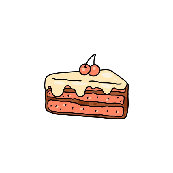 Peça de bolo de cereja doce para comemoração de aniversário ou casamento, ilustração do vetor do doodle isolada no fundo branco. —  Vetores de Stock