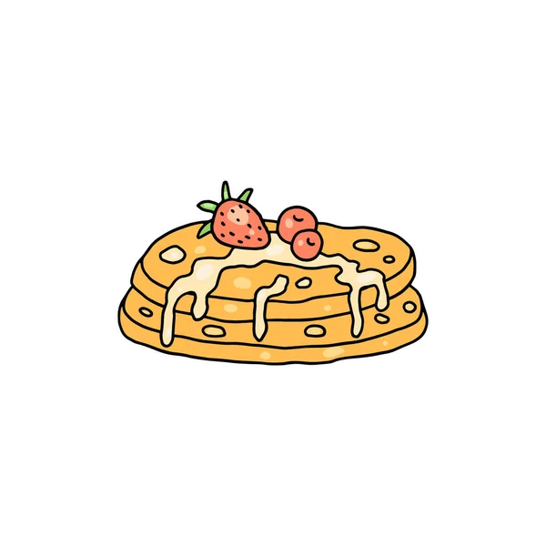 Pile of pancakes with syrup and strawberry, colored sketch vector illustration isolated on white background. — Stock vektor