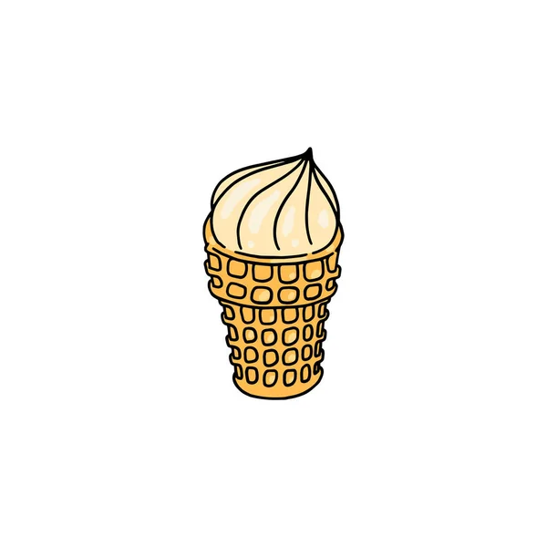 Hand drawn ice cream in waffle cone in colored doodle style, vector illustration isolated on white background. — 图库矢量图片