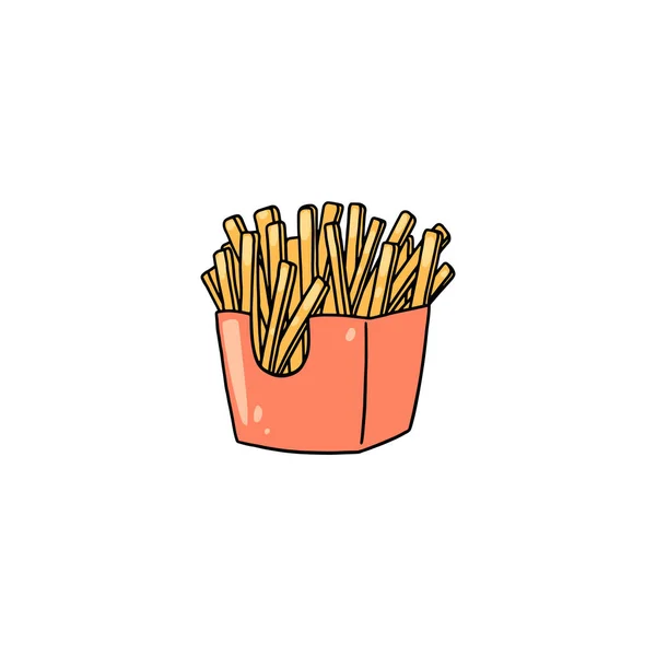 Batatas fritas desenhadas à mão em estilo doodle colorido, ilustração vetorial isolada em fundo branco. — Vetor de Stock