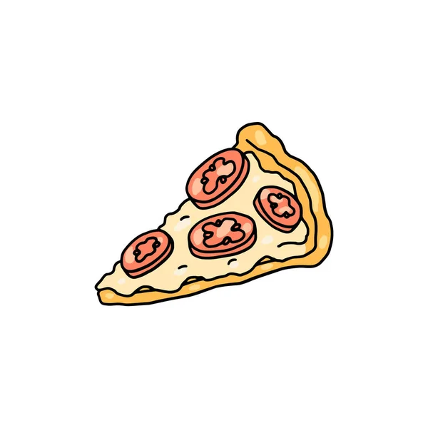 Slice of hand drawn doodle pizza with cheese and tomatoes, vector illustration isolated on white background. — 图库矢量图片