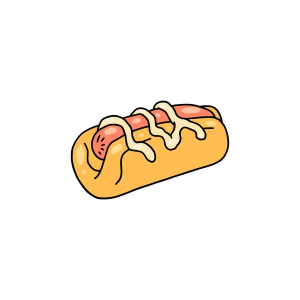 Doodle hot dog with sausage and mayo or mustard, vector illustration isolated on white background. — стоковый вектор