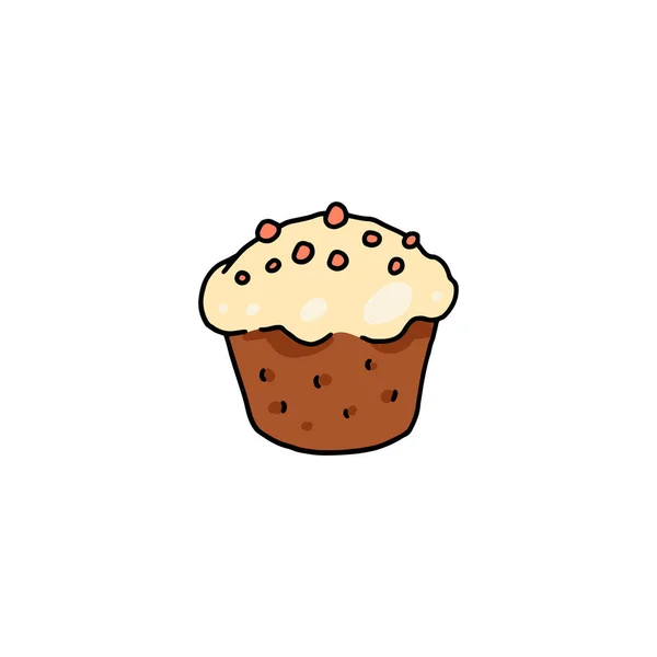 Cute muffin with cream and chocolate chips in colored doodle style, vector illustration isolated on wihte background. — Stock Vector