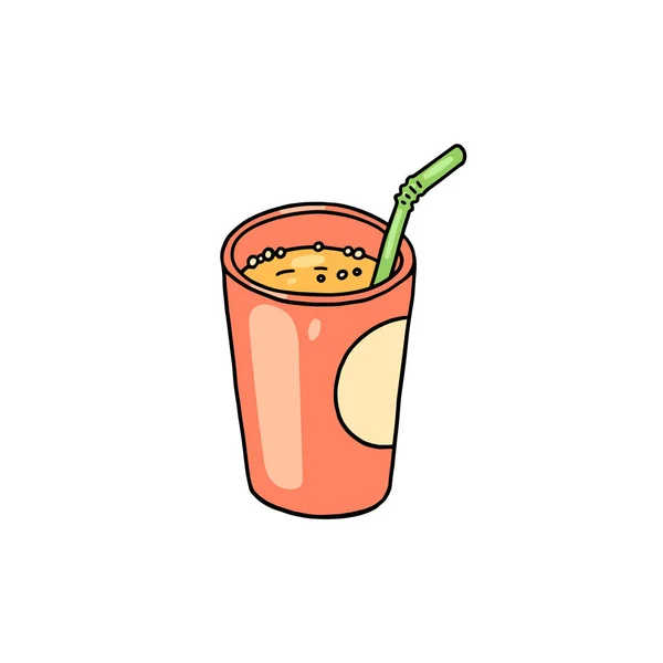 Zumo de naranja o bebida espolvoreada en taza de plástico con paja, ilustración de vectores de garabatos aislados sobre fondo blanco. — Vector de stock