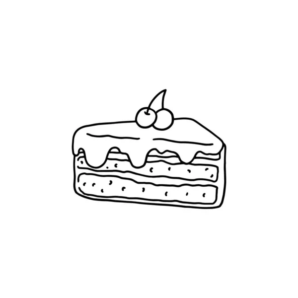 Doodle layered cake with cream and cherry, vector illustration isolated on white background. — Wektor stockowy