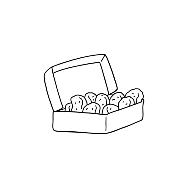 Nuggets de pollo frito en cubo de papel, ilustración de vectores de garabatos dibujados a mano aislados sobre fondo blanco. — Vector de stock