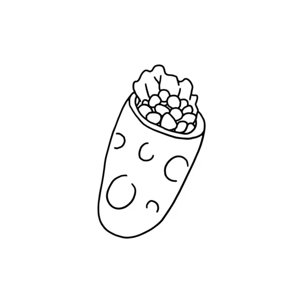 Kézzel rajzolt burrito tekercs, vázlat firka vektor illusztráció elszigetelt fehér háttér. — Stock Vector