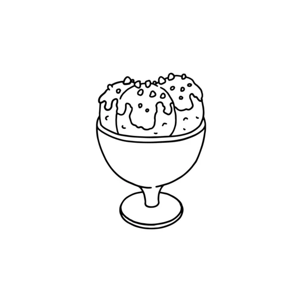 Ice cream scoops in glass bowl, hand drawn doodle vector illustration isolated on white background. — 图库矢量图片