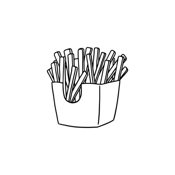 Batatas fritas em rabiscos desenhados à mão com contornos, ilustração vetorial isolada sobre fundo branco. — Vetor de Stock