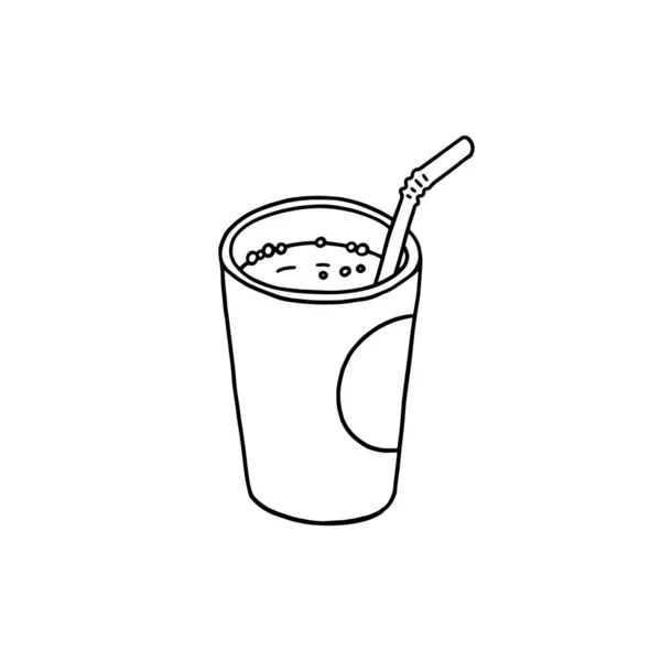 Plastic beker met stro en mousserende drank, schets doodle vector illustratie geïsoleerd op witte achtergrond. — Stockvector
