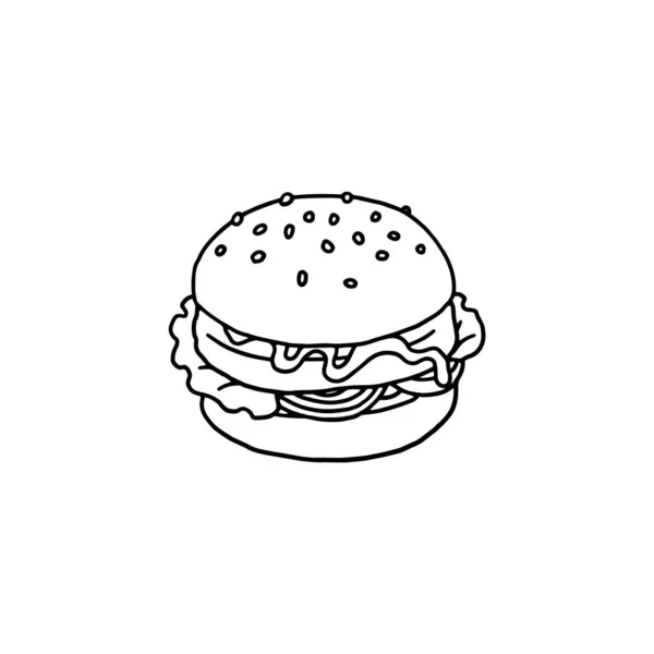 Hand drawn burger with meat patty in outline doodle style, vector illustration isolated on white background. — Vettoriale Stock