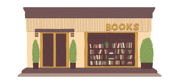 Bookstore building exterior with bookshelf in the window, flat vector illustration isolated on white background. — Stock Vector