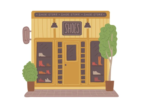 Devant magasin de chaussures avec vitrine avec chaussures, illustration vectorielle plate isolée. — Image vectorielle