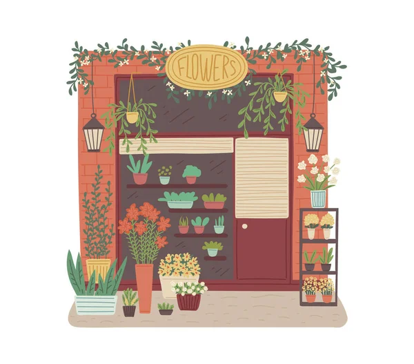 花店立面，花盆里有可爱的植物，白色背景上有扁平的矢量图. — 图库矢量图片