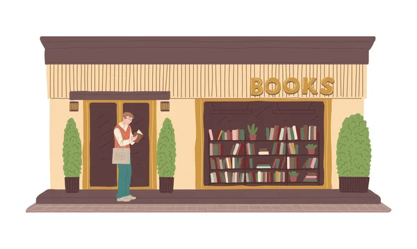 人类在书店前阅读新书，白色背景下的平面矢量插图. — 图库矢量图片