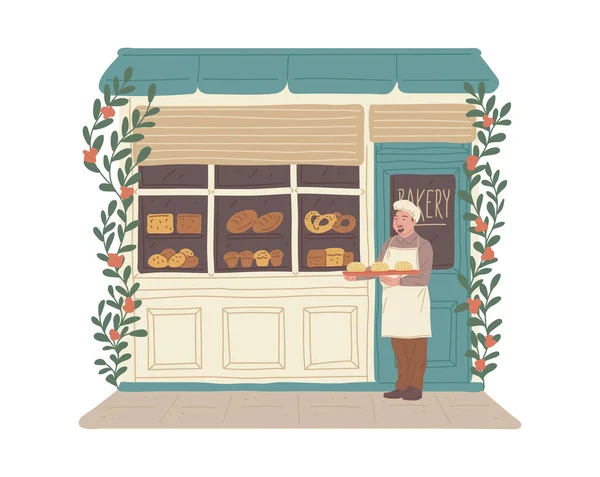 Bakery shop building facade with baker, flat vector illustration isolated. — стоковый вектор