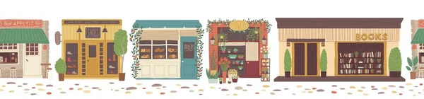 Seamless border of street with shop facades, flat vector illustration isolated. — 图库矢量图片