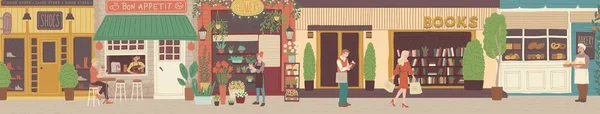 Вулиця старого міста з зайнятими магазинами, кафе і люди роблять покупки і пиття кави, плоска Векторна ілюстрація . — стоковий вектор