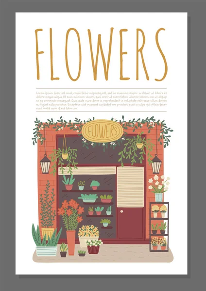 Tienda de flores tarjeta de promoción o plantilla de póster ilustración vector plano de dibujos animados. — Vector de stock