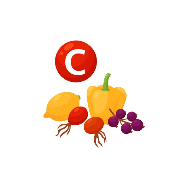 Vitamin C containing foods, ascorbic acid in fruits, vegetables in flat vector — Vetor de Stock
