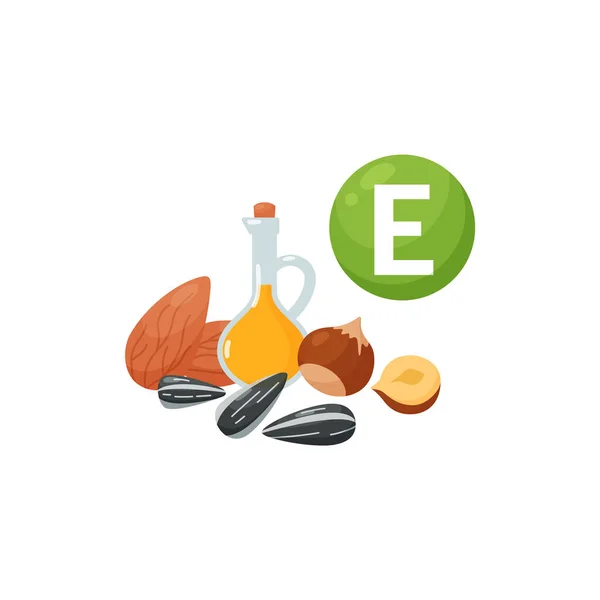 Vitamin E sources - oil, almond, sunflower seeds and hazelnut, flat vector illustration isolated on white background. — Vetor de Stock