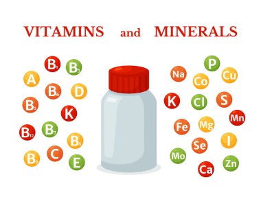 Vitamins and minerals set. Pharmacy container bottle for pills and capsule, multivitamin nutrition vector bubble icons. clipart