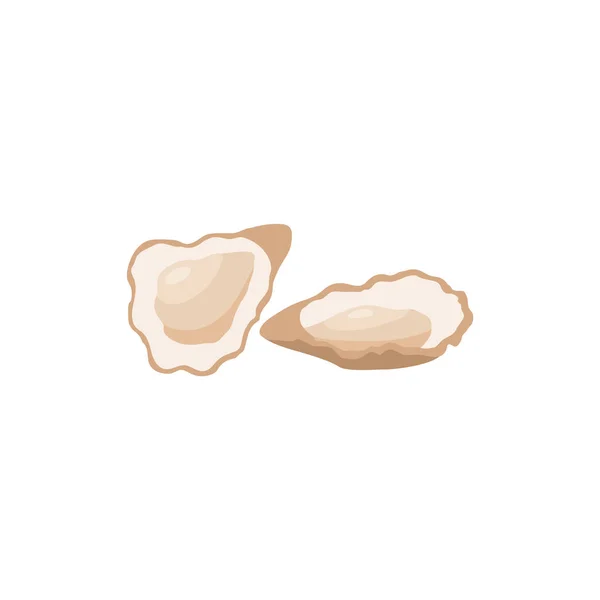Two open oysters, cartoon vector illustration. Raw uncooked shell fish delicatessen food, beige color. — Vettoriale Stock