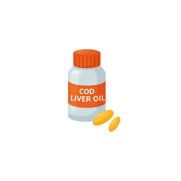 Liver oil capsules bottle flat vector illustration isolated on white background. — Image vectorielle