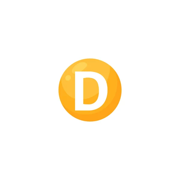 Vitamin D circle round golden color vector icon with letter in it. Omega3 supplement oil capsule. Sun vitamin capsule. — Vetor de Stock