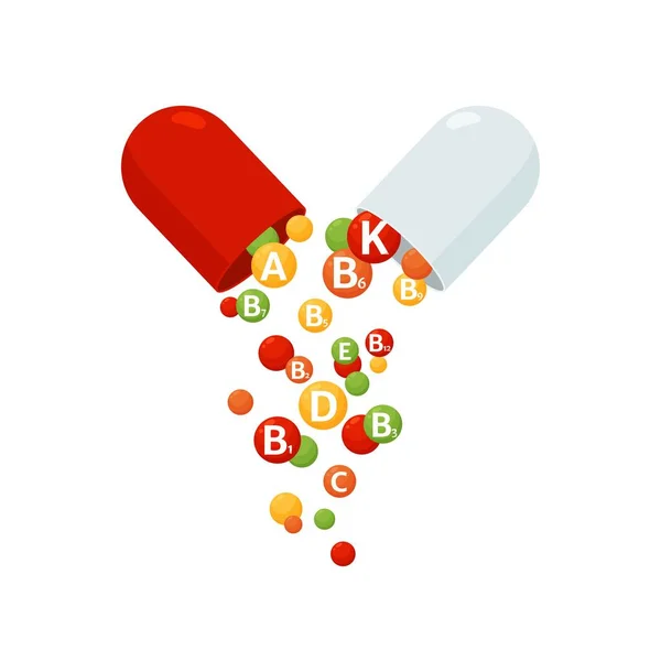 Vitamin nutritious complex in one capsule in form of balls or bubbles in flat — Stock Vector