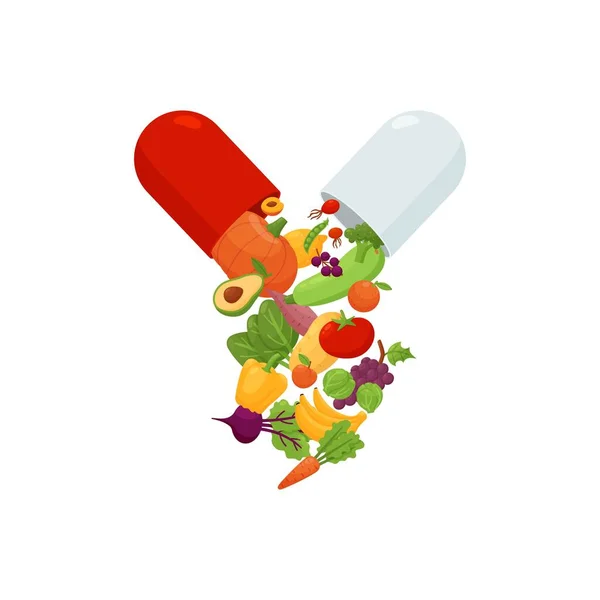 Vitamin nutritious complex in open capsule in flat vector illustration — 图库矢量图片