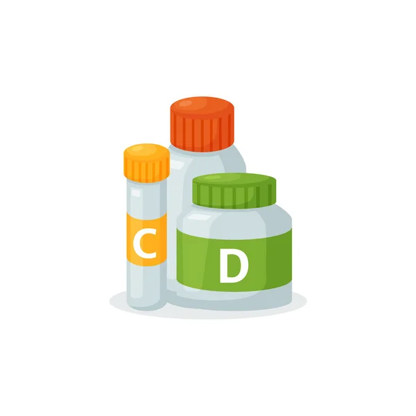 Bottles of vitamin C and D, flat vector illustration isolated on white background. — 图库矢量图片