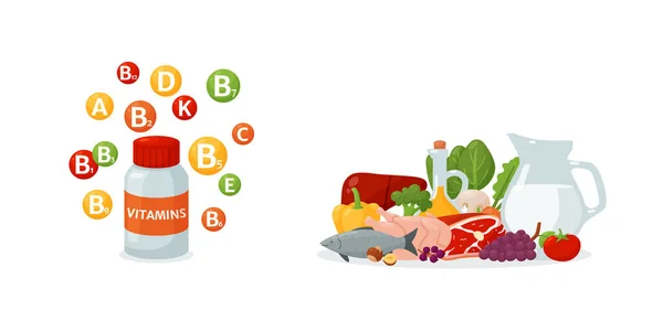 Vitamin supplement vs whole food, flat vector illustration isolated on white background. — Vetor de Stock